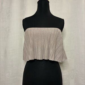 Metallic Pleated Crop Top Champagne Shimmer Bandeau Lace Trim M